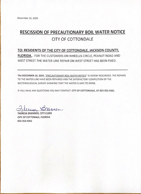 Rescission Of Precautionary Boil Water Notice | City Of Cottondale, Florida